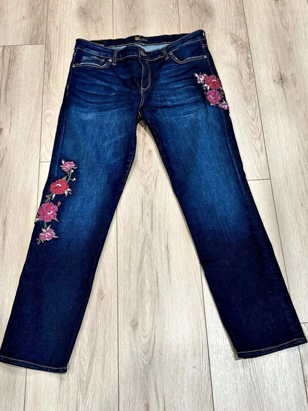 Kut from the Kloth Floral Straight Leg Jeans Blue Size 12